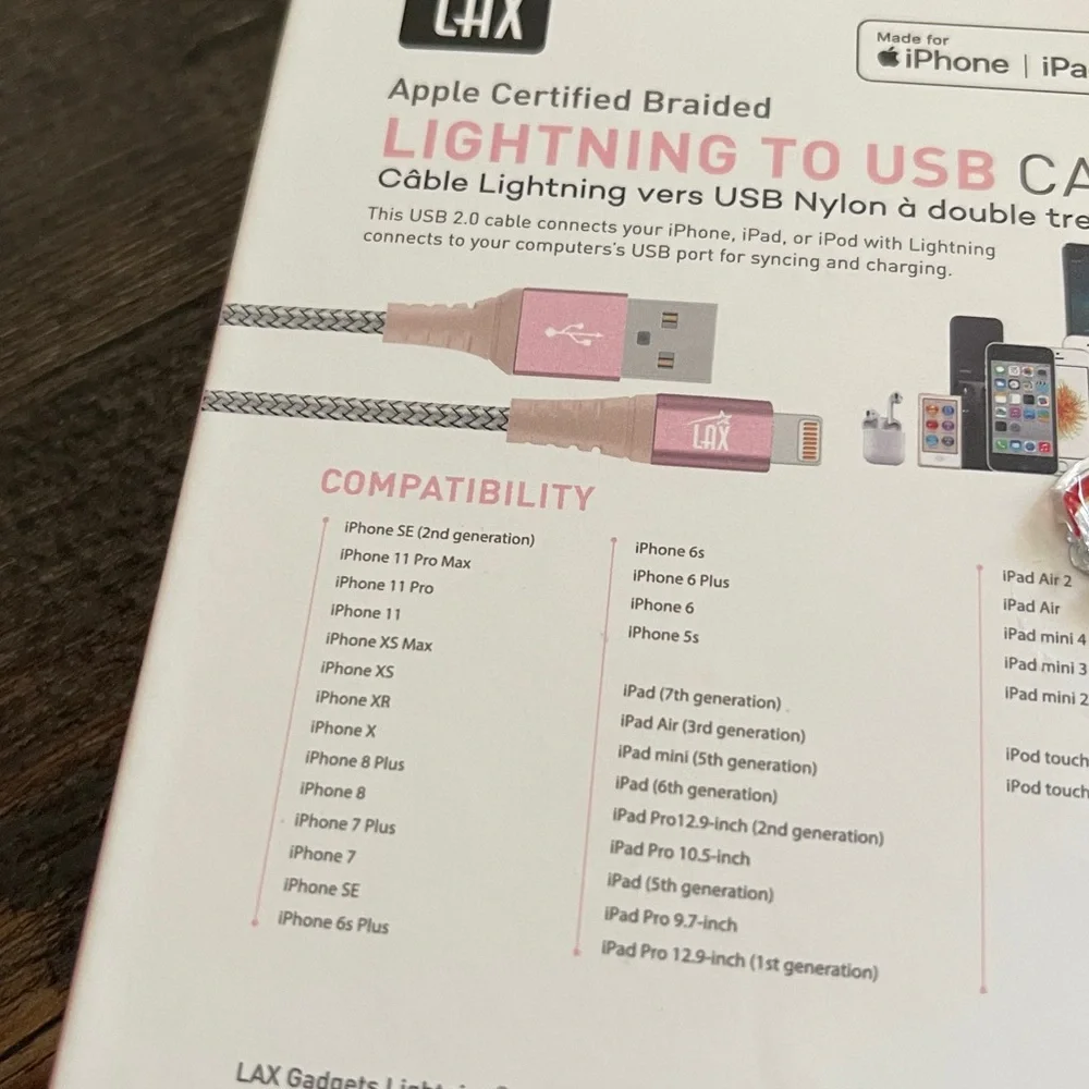 LAX Braided Lightening to USB Cable 6 Feet (see photos for compatability)